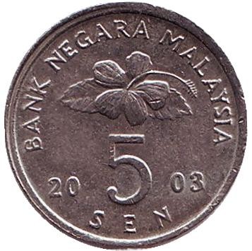 Монета 5 сен. 2003 год, Малайзия. Волчок. Монета 5 сен. 2003 год, Малайзия. Волчок.