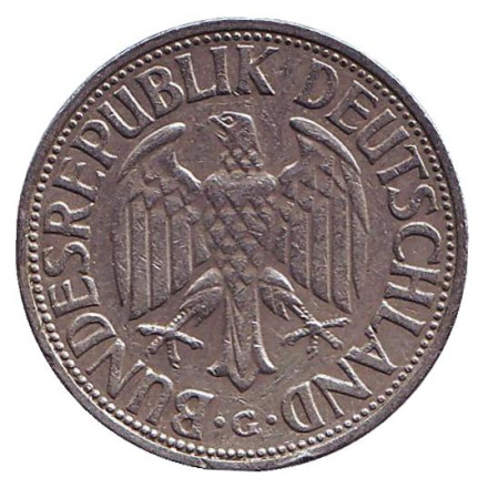 Монета 1 марка. 1970 год (G), ФРГ. Монета 1 марка. 1970 год (G), ФРГ.