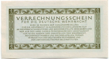 Банкнота 1 рейхсмарка. 1944 год, Третий Рейх. (Вермахт) Банкнота 1 рейхсмарка. 1944 год, Третий Рейх. (Вермахт)