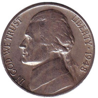 Джефферсон. Монтичелло. Монета 5 центов. 1948 год (S), США.