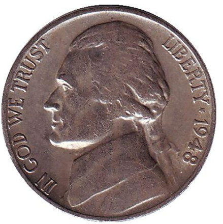 Монета 5 центов. 1948 год (S), США. Джефферсон. Монтичелло.