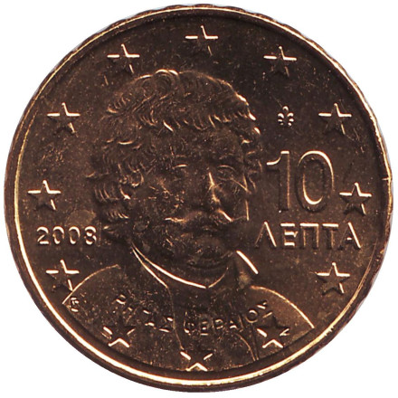 Монета 10 центов. 2008 год, Греция.