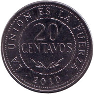 Монета 20 сентаво. 2010 год, Боливия. Монета 20 сентаво. 2010 год, Боливия.