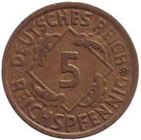 Монета 5 рейхспфеннигов. 1924 год (А), Веймарская республика.
