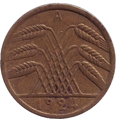 Монета 5 рейхспфеннигов. 1924 год (А), Веймарская республика. Монета 5 рейхспфеннигов. 1924 год (А), Веймарская республика.