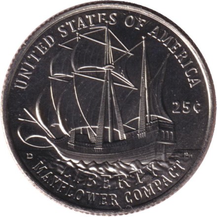 Монета 25 центов. 2026 год, США. 250 лет независимости США. Мэйфлауэрское соглашение. (D).