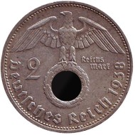 Монета 2 рейхсмарки. 1938 год, Германия (Третий Рейх). (D). Монета 2 рейхсмарки. 1938 год, Германия (Третий Рейх). (D).