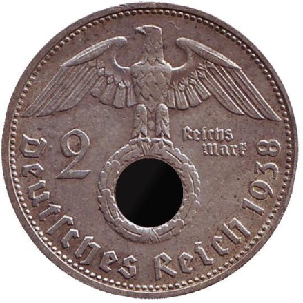 Монета 2 рейхсмарки. 1938 (D) год, Третий Рейх (Германия). Гинденбург.