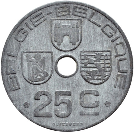 Монета 25 сантимов. 1945 год, Бельгия.