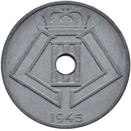 Монета 25 сантимов. 1945 год, Бельгия.