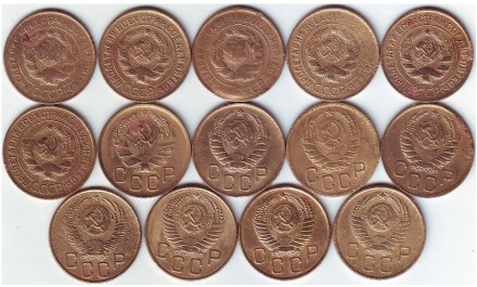Подборка монет номиналом 3 копейки (14 монет). 1928-1957 гг., СССР. Подборка монет номиналом 3 копейки (14 монет). 1928-1957 гг., СССР.