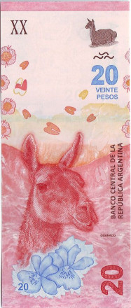 Банкнота 20 песо. 2017 год, Аргентина. Гуанако. 361(1)