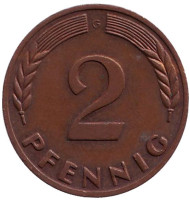 Монета 2 пфеннига. 1966 год (G), ФРГ. Дубовые листья. Монета 2 пфеннига. 1966 год (G), ФРГ. Дубовые листья.