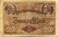Рейхсбанкнота 20 марок. 1914 год, Германская империя. Рейхсбанкнота 20 марок. 1914 год, Германская империя.
