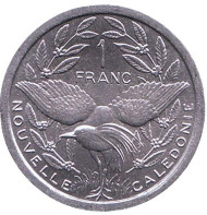 Монета 1 франк. 2016 год, Новая Каледония. UNC. Птица кагу.