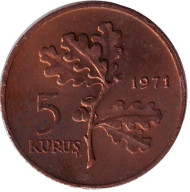 Монета 5 курушей. 1971 год, Турция. Дубовая ветвь. Монета 5 курушей. 1971 год, Турция. Дубовая ветвь.