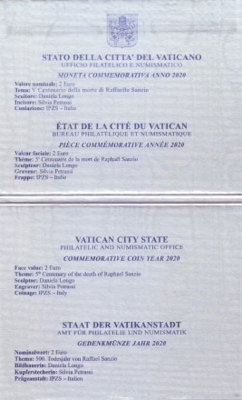 Монета 2 евро. 2020 год, Ватикан. 500 лет со дня смерти Рафаэля. В буклете. Монета 2 евро. 2020 год, Ватикан. 500 лет со дня смерти Рафаэля. В буклете.