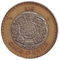 Тонатиу. Ацтекский солнечный камень. Орел. Монета 10 песо. 1999 год, Мексика. Из обращения.