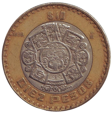 Монета 10 песо. 1999 год, Мексика. Из обращения. Тонатиу. Ацтекский солнечный камень. Орел.