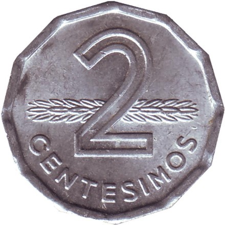 Монета 2 сентесимо. 1978 год, Уругвай.