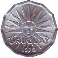 Монета 2 сентесимо. 1978 год, Уругвай. Монета 2 сентесимо. 1978 год, Уругвай.