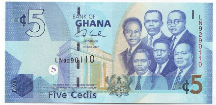 Банкнота 5 седи. 2007 год, Гана. Политические деятели Ганы.