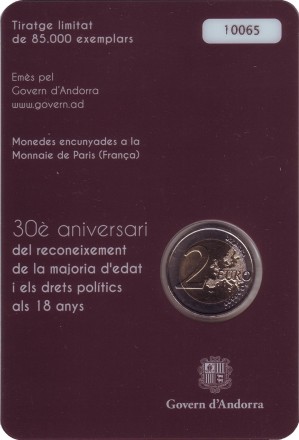 Монета 2 евро. 2015 год, Андорра. 30 лет реформе избирательного права. Монета 2 евро. 2015 год, Андорра. 30 лет реформе избирательного права.
