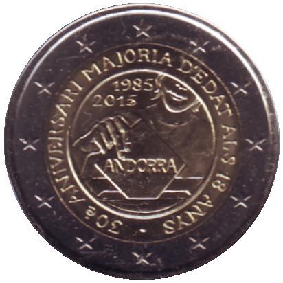 Монета 2 евро. 2015 год, Андорра. 30 лет реформе избирательного права. Монета 2 евро. 2015 год, Андорра. 30 лет реформе избирательного права.