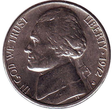 Монета 5 центов. 1972 год (D), США. Джефферсон. Монтичелло.