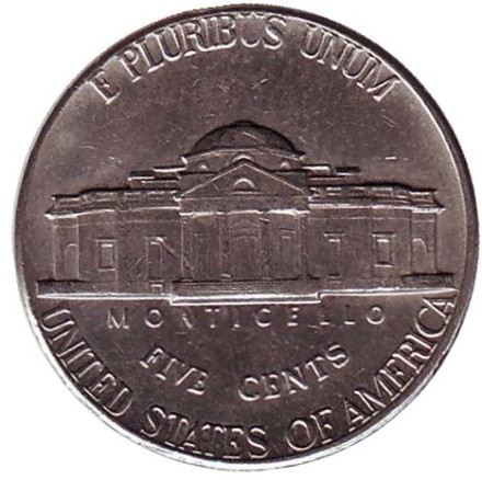 Монета 5 центов. 1972 год (D), США. Джефферсон. Монтичелло.