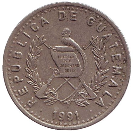 Монета 25 сентаво. 1991 год, Гватемала. Индианка.