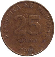Монета 25 сентимо. 1995 год, Филиппины. Монета 25 сентимо. 1995 год, Филиппины.