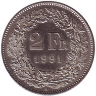 Монета 2 франка. 1991 (B) год, Швейцария. Гельвеция. Монета 2 франка. 1991 (B) год, Швейцария. Гельвеция.