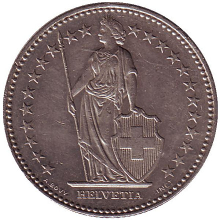 Монета 2 франка. 1991 (B) год, Швейцария. Гельвеция. Монета 2 франка. 1991 (B) год, Швейцария. Гельвеция.