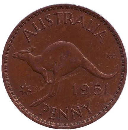 Монета 1 пенни. 1951 год, Австралия. ("PL" - Лондон) Кенгуру.
