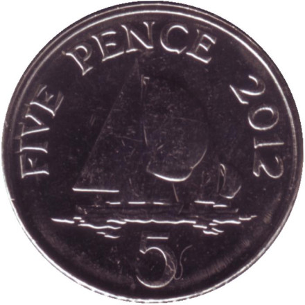 Монета 5 пенсов, 2012 год, Гернси. Парусники.