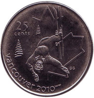 Монета 25 центов. 2008 год, Канада. Ванкувер 2010 - горнолыжный фристайл. Монета 25 центов. 2008 год, Канада. Ванкувер 2010 - горнолыжный фристайл.