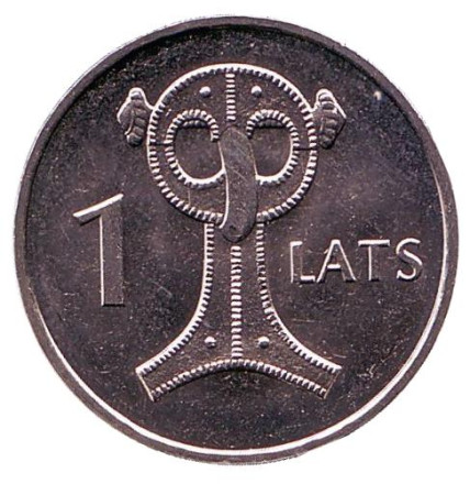 Монета 1 лат, 2007 год, Латвия. Сова (застежка, совиная фибула).