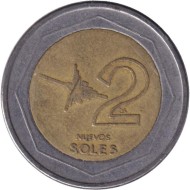 Монета 2 новых соля. 2007 год, Перу. Монета 2 новых соля. 2007 год, Перу.