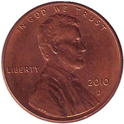 Монета 1 цент. 2010 год (D), США.