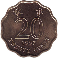 Монета 20 центов. 1997 год, Гонконг. Монета 20 центов. 1997 год, Гонконг.