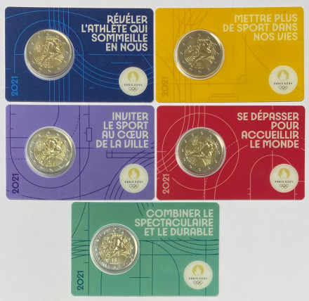 XXXIII летние Олимпийские игры, Париж 2024. Набор из 5 монет номиналом 2 евро в коинкартах. 2021 год, Франция.