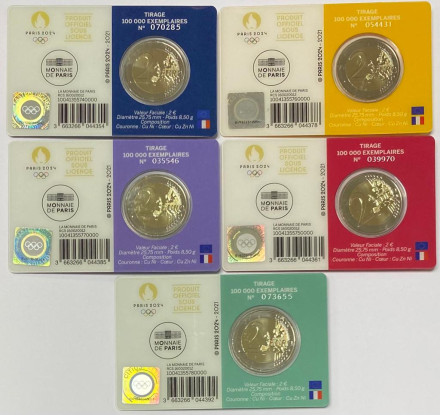 XXXIII летние Олимпийские игры, Париж 2024. Набор из 5 монет номиналом 2 евро в коинкартах. 2021 год, Франция. XXXIII летние Олимпийские игры, Париж 2024. Набор из 5 монет номиналом 2 евро в коинкартах. 2021 год, Франция.
