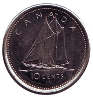 Монета 10 центов. 2002 год, Канада. Отметка монетного двора "P". 50 лет правления Королевы Елизаветы II. Парусник. Монета 10 центов. 2002 год, Канада. Отметка монетного двора "P". 50 лет правления Королевы Елизаветы II. Парусник.