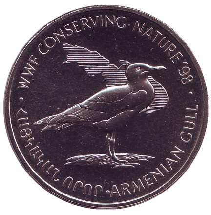 Монета 100 драмов. 1998 год, Армения. Армянская чайка. Сохранение природы.