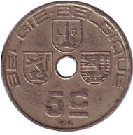 Монета 5 сантимов. 1939 год, Бельгия. Монета 5 сантимов. 1939 год, Бельгия.