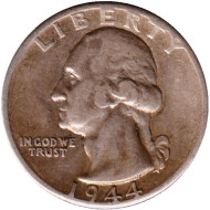 Монета 25 центов. 1944 год, США. (Отметка монетного двора: "D"). Монета 25 центов. 1944 год, США. (Отметка монетного двора: "D").
