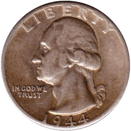 Монета 25 центов. 1944 год, США. (Отметка монетного двора: "D").