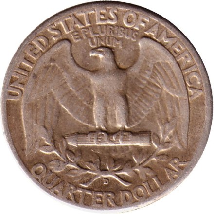 Монета 25 центов. 1944 год, США. (Отметка монетного двора: "D"). Монета 25 центов. 1944 год, США. (Отметка монетного двора: "D").
