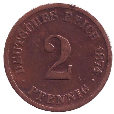 Монета 2 пфеннига. 1874 год (C), Германская империя.
